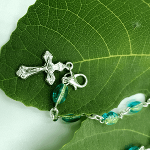 Green Crystal Rosary Bracelet With Silver Chain and Crucifix - BRA012 - Zuluf