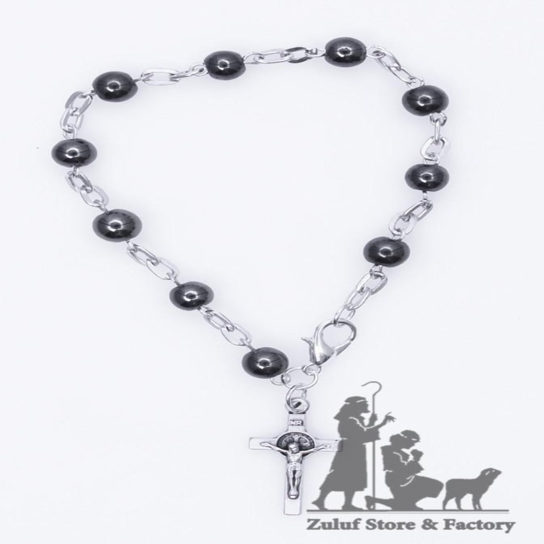 Hamatite Bracelet with Silver Chain and Crucifix Saint Benedict - BRA032 - Zuluf
