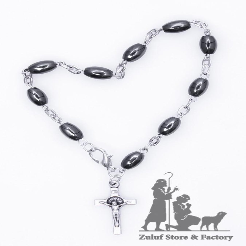 Hamatite Bracelet with Silver Chain and Crucifix Saint Benedict - BRA033 - Zuluf
