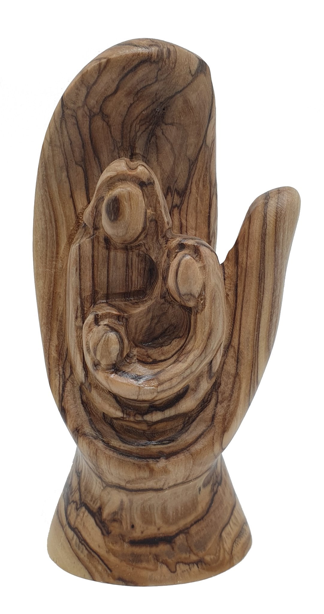 Hand of God Fatima Hand Holy Family Carved Olive Wood 5.7x2.9x2.1 Inches - Virgin Mary, Baby Jesus, and Joseph Figurine for Gifts and Decorations - Zuluf