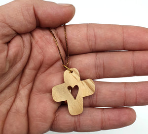 Handmade Olive Wood Heart Cross Necklace from the Holy Land - Spiritual Elegance for Men, Women, Boys & Girls - 1.5 Inches - Zuluf