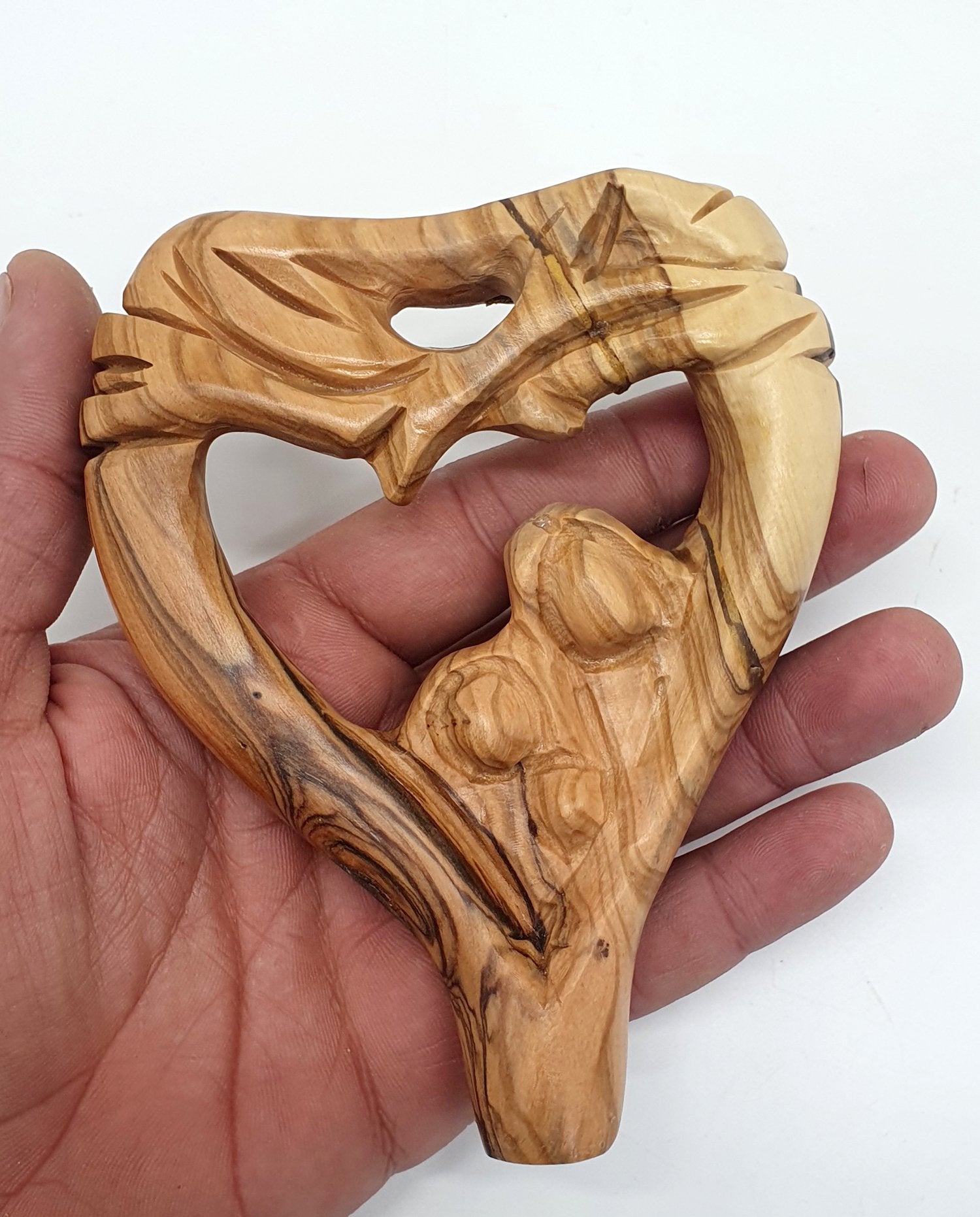 Heart Shaped Olive Wood Holy Family Statue - Small Catholic Figurine of Joseph, Mother & Child, Bethlehem Table Sculpture - Zuluf