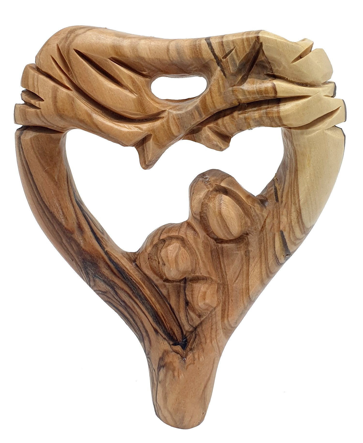 Heart Shaped Olive Wood Holy Family Statue - Small Catholic Figurine of Joseph, Mother & Child, Bethlehem Table Sculpture - Zuluf