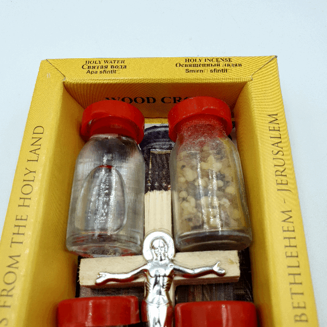 Holy Land Zuluf Set of 5 in 1 Olive Wood Cross Set with 4 Bottles -Holy Oil, Jordan River Water, Holy Earth & Holy Frankincense Gift Pack - HLG005 - Zuluf