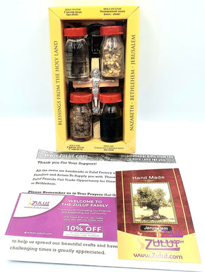 Holy Land Zuluf Set of 5 in 1 Olive Wood Cross Set with 4 Bottles -Holy Oil, Jordan River Water, Holy Earth & Holy Frankincense Gift Pack - HLG207 - Zuluf