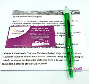 Jerusalem Pen with Souvenir Inside Holy Land Pictures and Sites Inside - 5 Pens Green with Zuluf Certificate - Zuluf