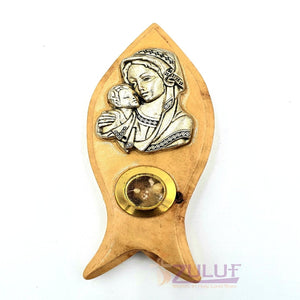 Mary Virgin with Jesus and incense on fish Design hand made olive wood art magnetic MAG086 - Zuluf