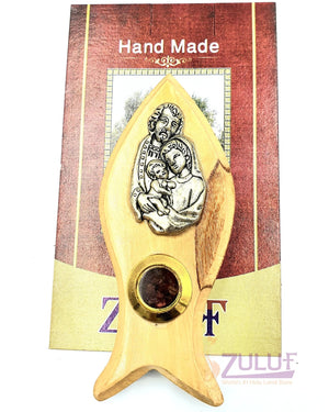 Mary Virgin with Jesus and incense on fish Design hand made olive wood art magnetic MAG086 - Zuluf