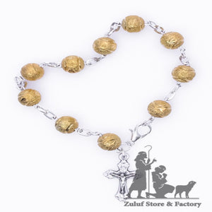 Metal Bracelet Gold Tone Beads with Silver Chain and Cross - BRA035 - Zuluf