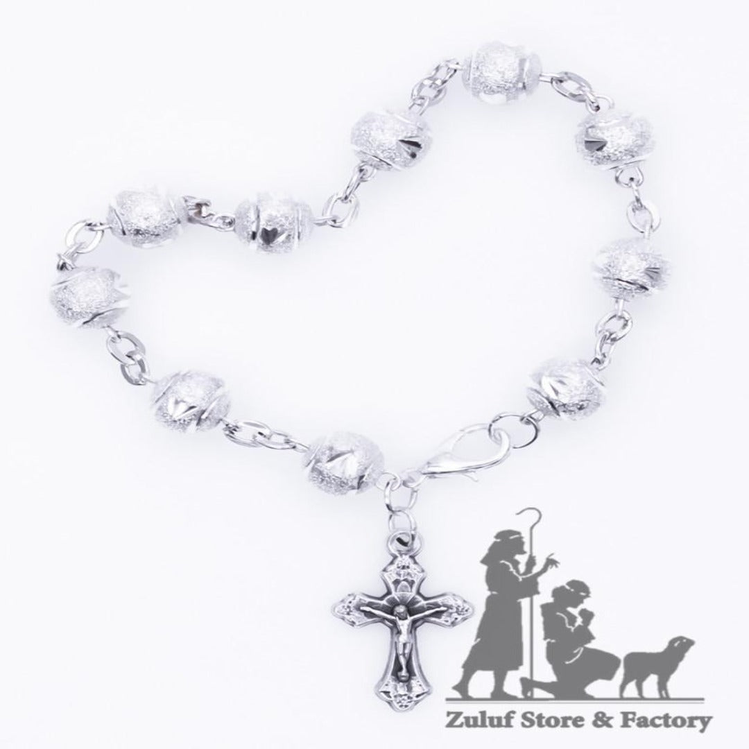 Metal Bracelet Silver Tone Beads with Silver Chain and Cross - BRA036 - Zuluf
