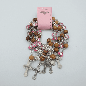 Mix pink metallic olive wood hand made bracelet with cross BRA044 - Zuluf