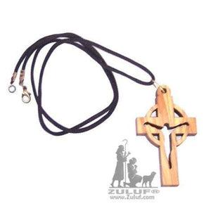 Olive Wood Celtic Cross Pendant on Cord Chain Necklace - PEN142 - Zuluf