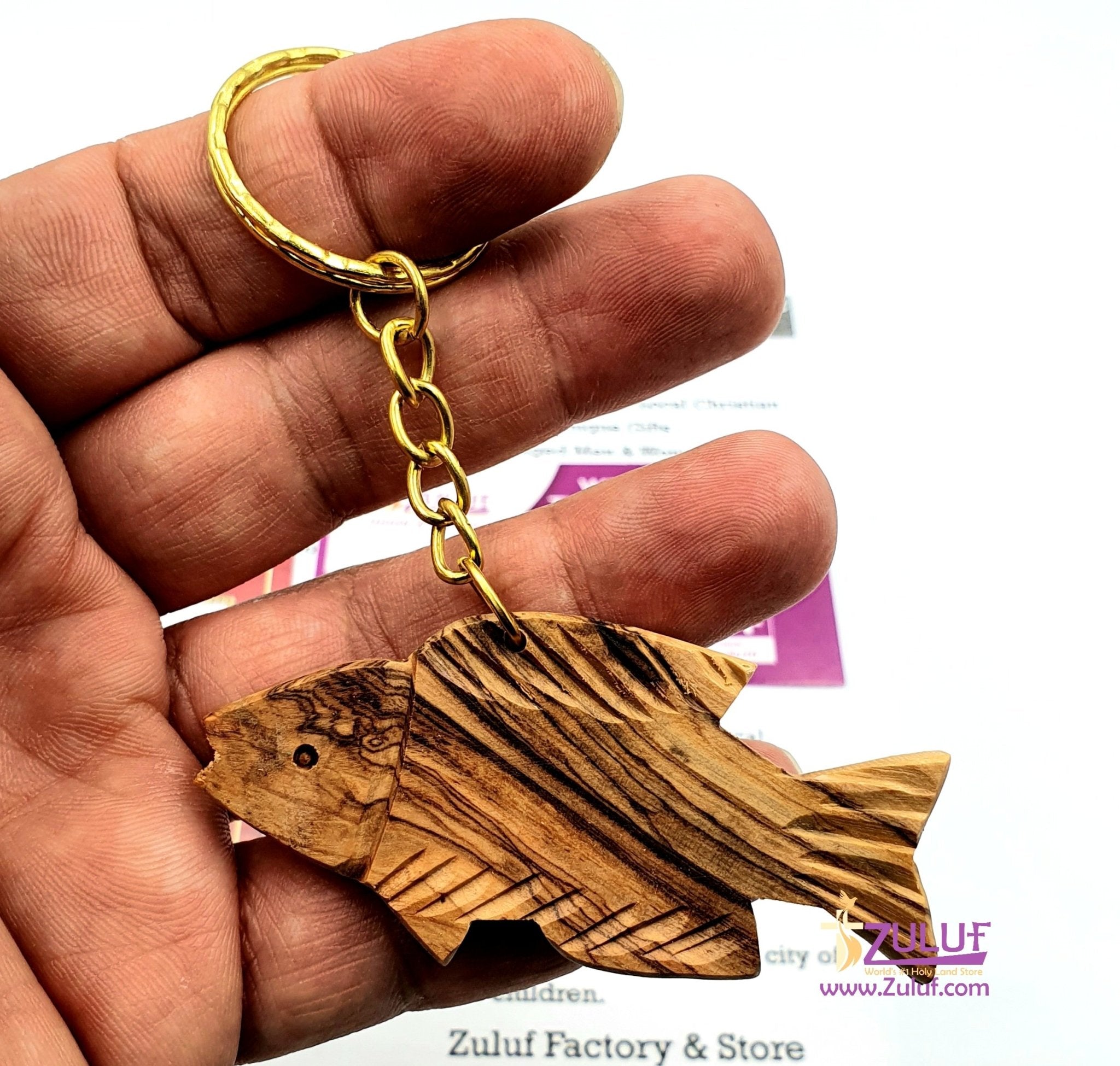 Olive wood hand made jerusalem fish keychain KC217 - Zuluf