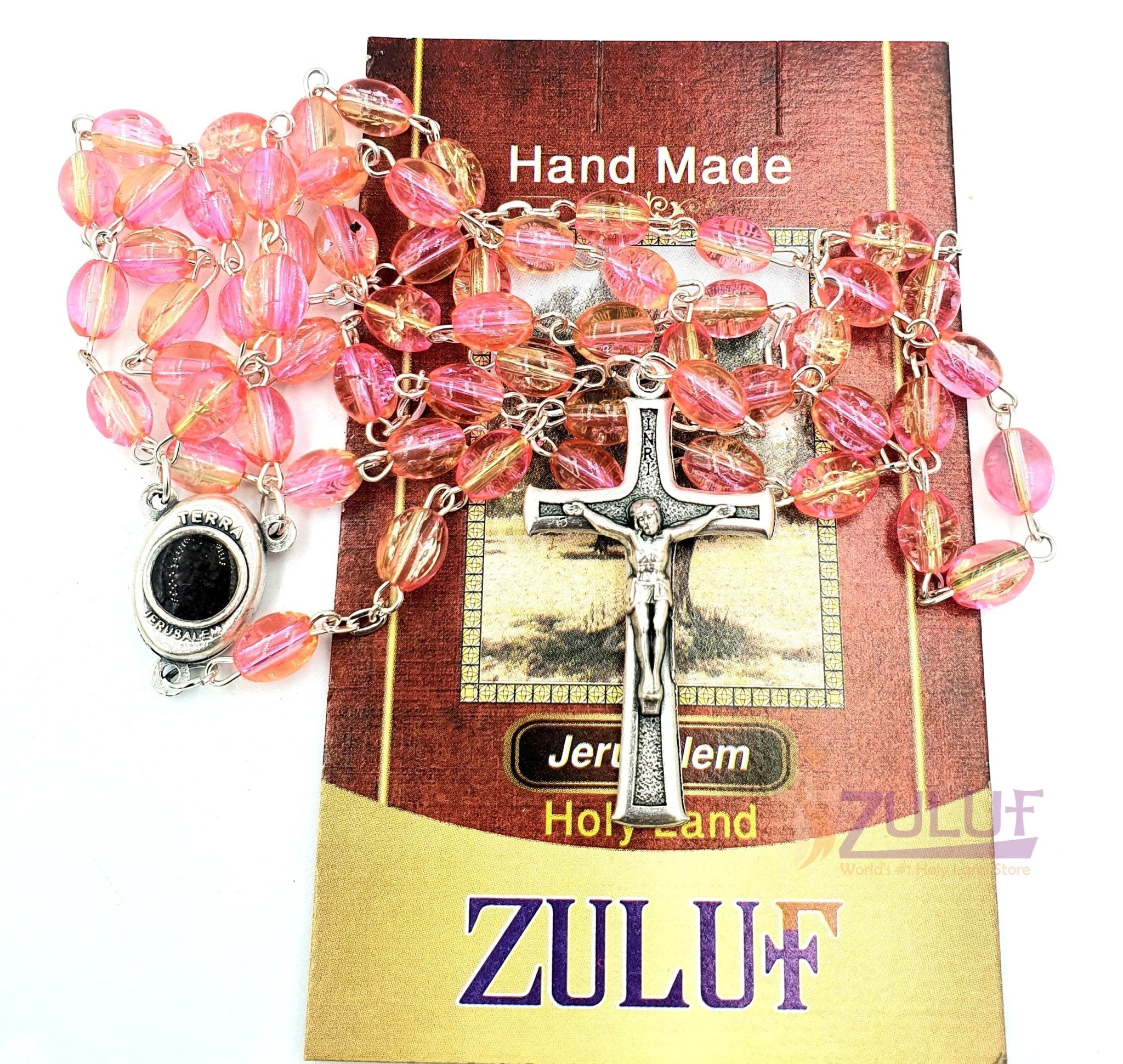 Pink Crystal Beads Rosary Catholic Necklace Holy Soil Medal & Crucifix - ROS034 - Zuluf