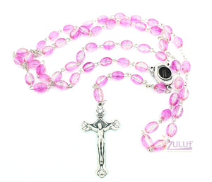 Pink Rosary Necklace - Silver Plated Necklace Rosary Crystal Glass Beads & Jesus Crucifix and Jerusalem Cross - ROS005 - Zuluf