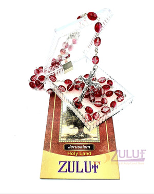 Red Crystal Beads Rosary Catholic Necklace Holy Soil Medal & Crucifix - ROS037 - Zuluf