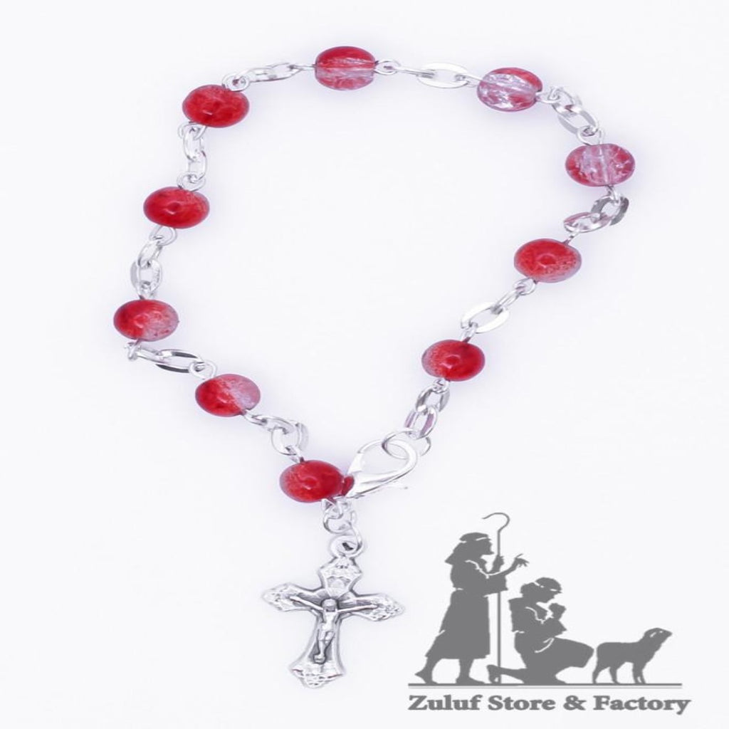 Red Crystal Rosary Bracelet With Silver Chain and Crucifix - BRA007 - Zuluf
