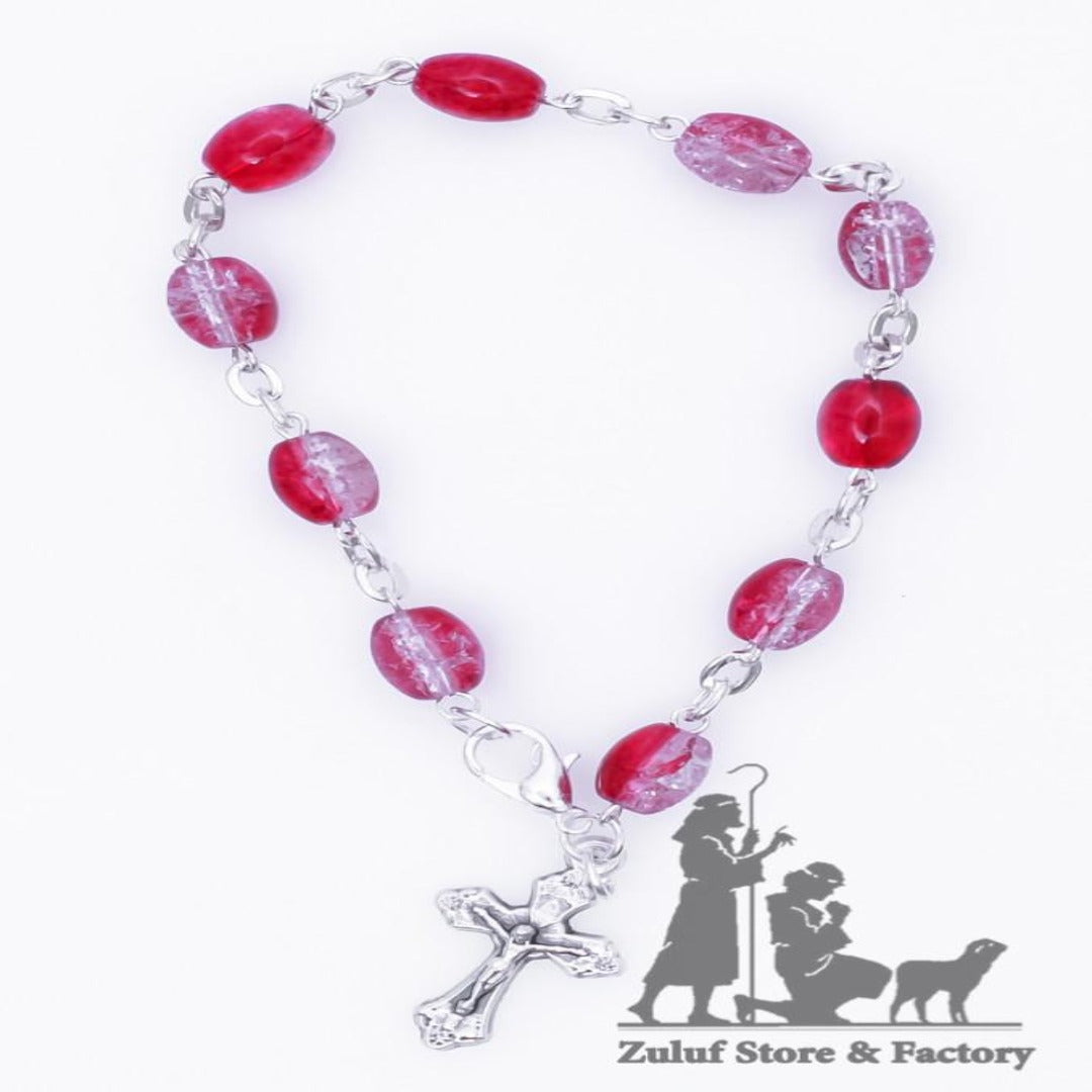 Red Crystal Rosary Bracelet With Silver Chain and Crucifix - BRA013 - Zuluf
