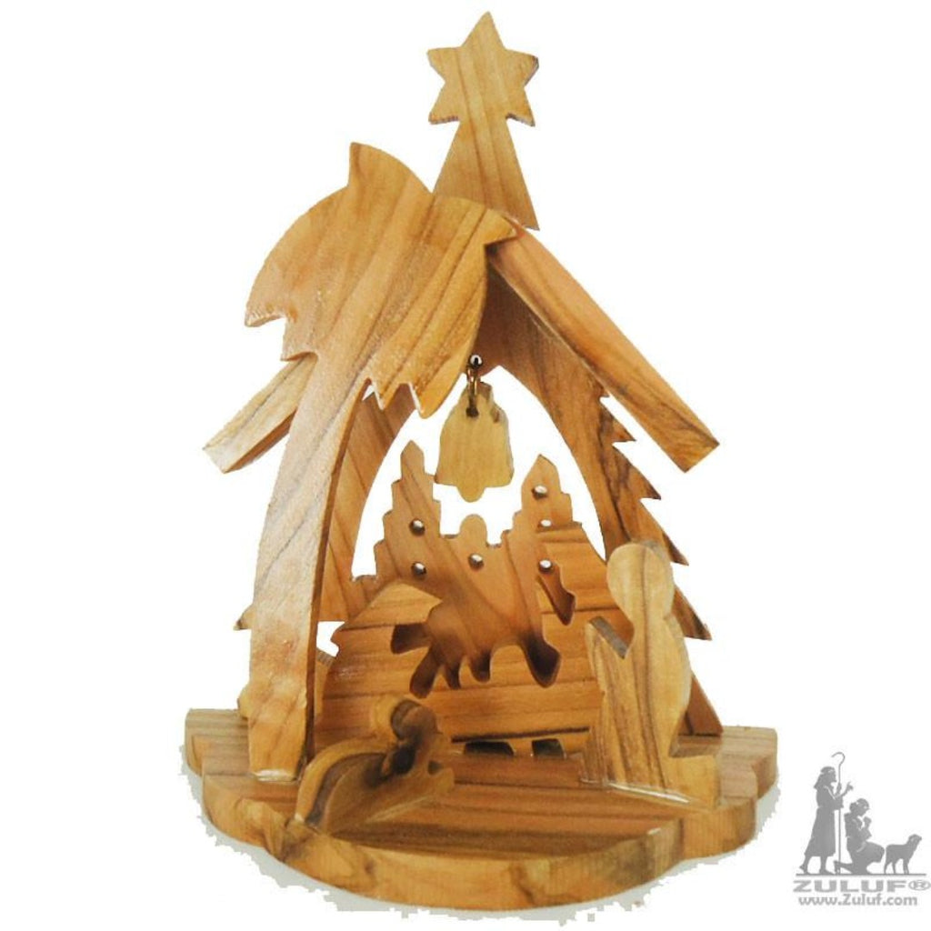 Small Hand Carved Olive Wood Nativity Set With Bell Religious Gift by Zuluf - NAT031 - Zuluf