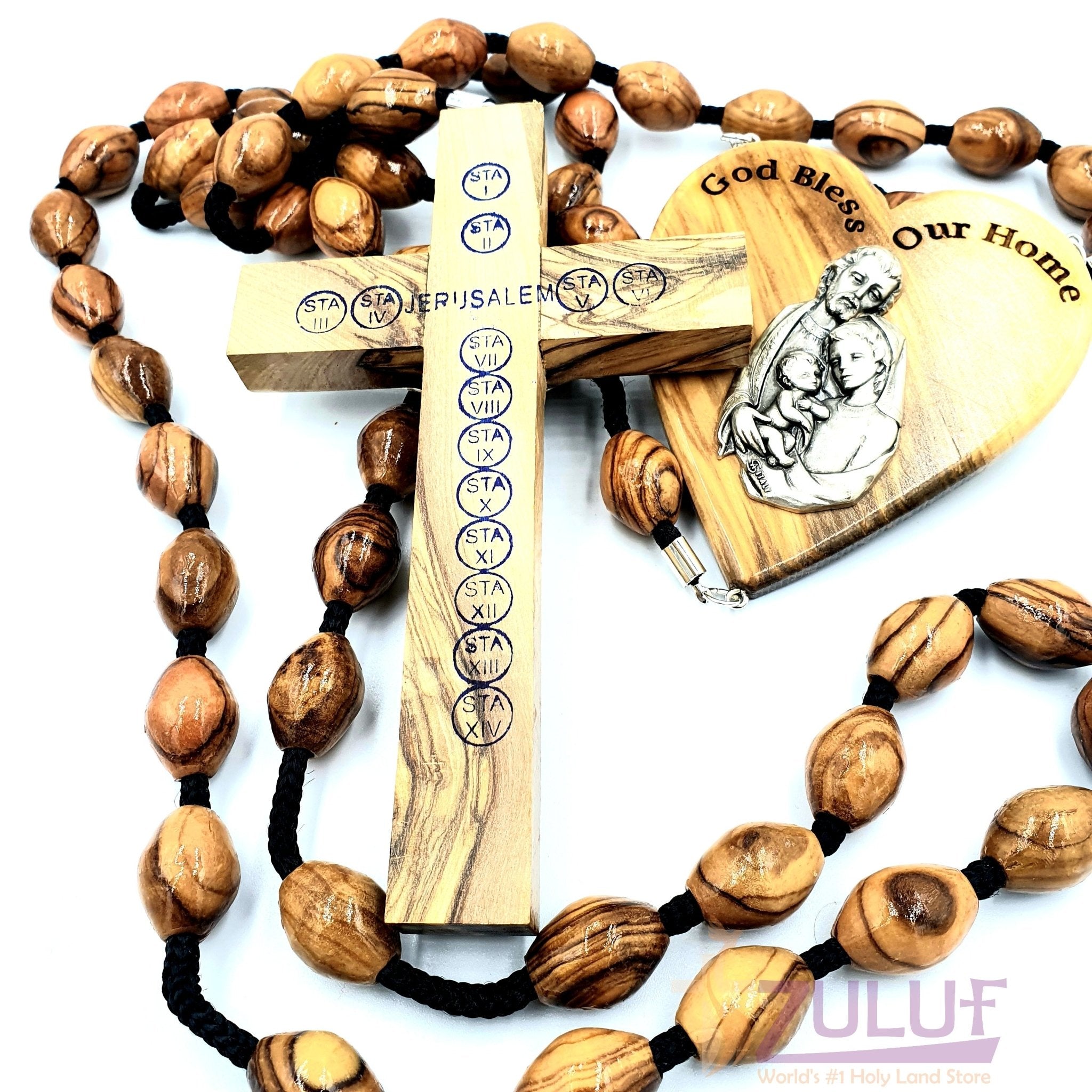 Wall Hanging Bethlehem Olive Wood Large Rosary with Silver Crucifix - ROS023 - Zuluf