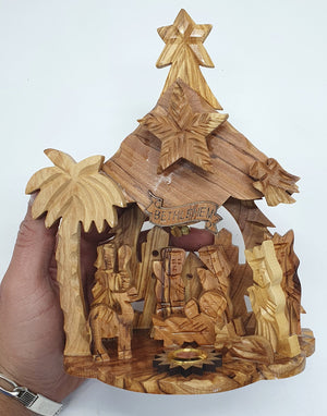 Zuluf Hand-Carved Nativity Set Scene with Bark Roof - Made In Bethlehem 8.4" REWRITE this tittle and make it sew optimized and add relevant high search keywords - Zuluf