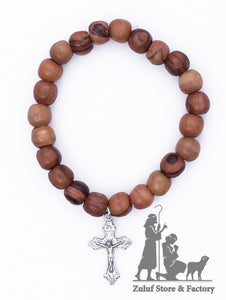 Zuluf Holy Land Olive Wood Stretch Bracelet with Silver Cross Crucifix Handicraft Gift - BRA029 - Zuluf